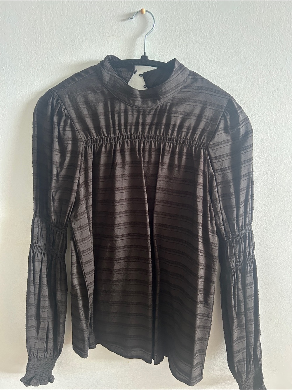 Black Smocked Yoke Mock Neck Blouse